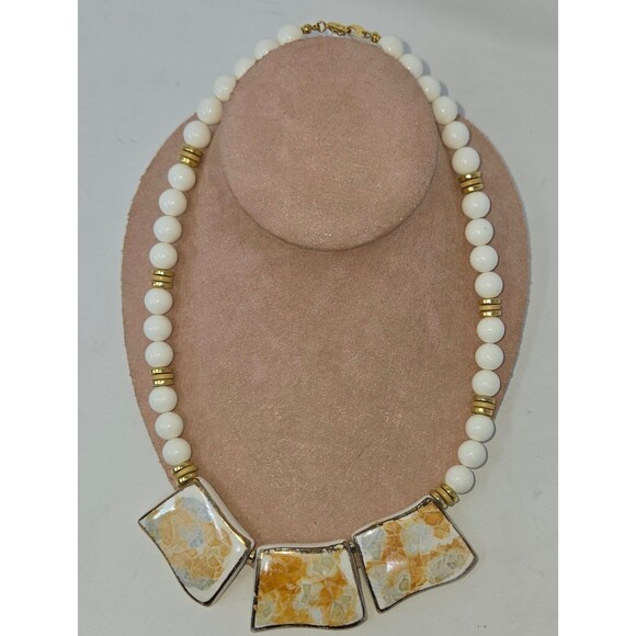 Vintage White Beaded Porcelain Tile Statement Chunky Bib Necklace 20" - Picture 1 of 9